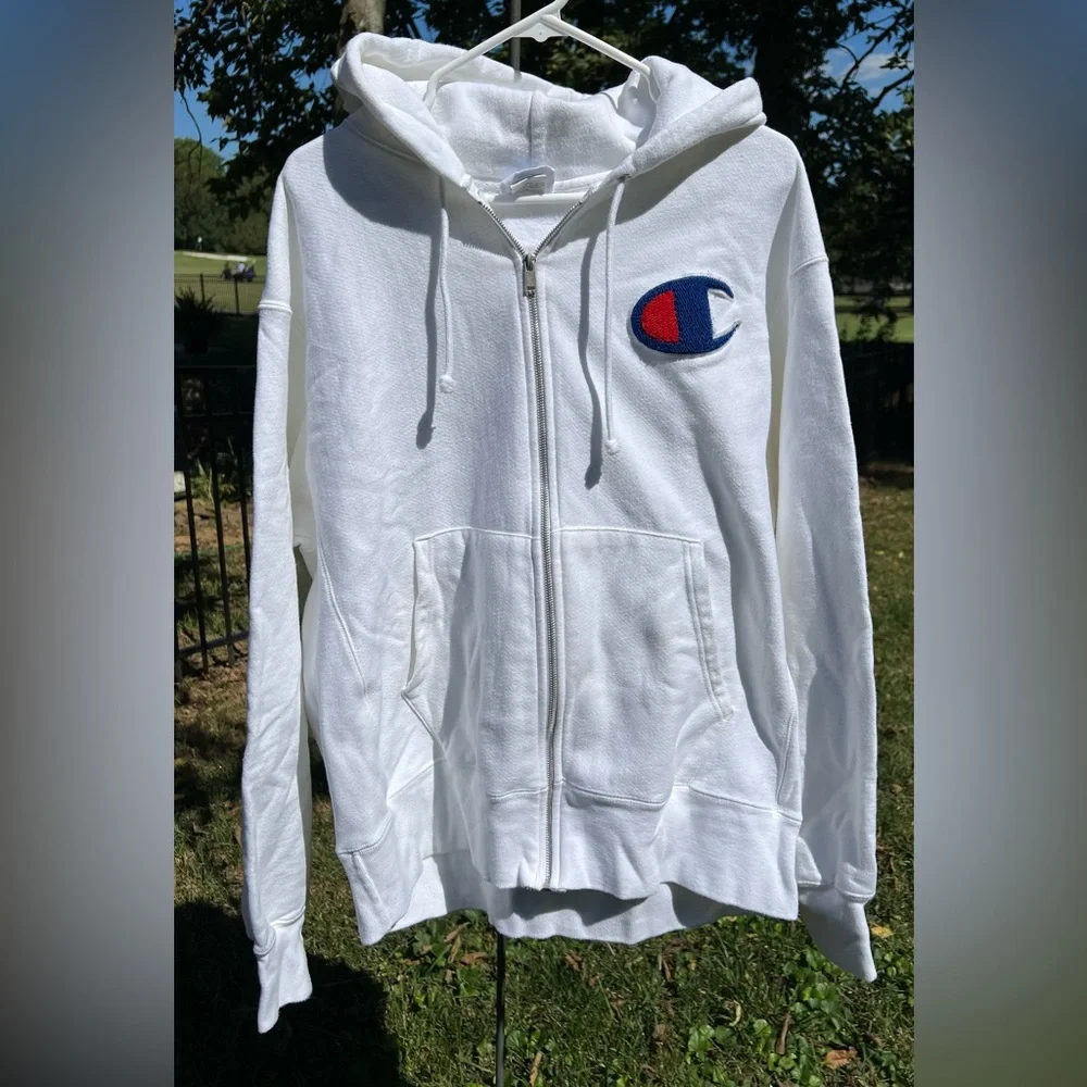Champion White Full Zippered Pocket Hoodie, Size Large - Picture 2 of 8
